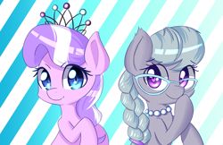 Size: 5950x3850 | Tagged: safe, alternate version, artist:kawaiipony2, character:diamond tiara, character:silver spoon, species:earth pony, species:pony, g4, absurd resolution, adorabullies, braid, braided ponytail, cute, diamondbetes, duo, duo female, eye clipping through hair, eyebrows, eyebrows visible through hair, female, filly, glasses, high res, jewelry, looking at you, necklace, ponytail, raised hoof, signature, silverbetes, smiling, smiling at you, tiara, young
