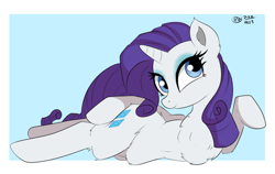 Size: 1936x1227 | Tagged: safe, artist:bunbunmuffin, artist:bunbunmuffinart, part of a set, character:rarity, species:pony, species:unicorn, g4, belly, chest fluff, draw me like one of your french girls, explicit source, eyeshadow, female, fluffy, horn, looking at you, lying down, makeup, mare, pose, seductive, seductive pose, signature, solo, tail