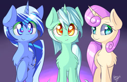 Size: 1964x1271 | Tagged: safe, artist:kawaiipony2, character:lyra heartstrings, character:minuette, character:twinkleshine, species:pony, species:unicorn, g4, adorableshine, chest fluff, colored pupils, cute, female, fluffy, horn, leg fluff, looking at you, lyrabetes, mare, minubetes, raised hoof, shoulder fluff, signature, smiling, smiling at you, trio, trio female