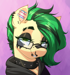 Size: 2128x2296 | Tagged: safe, artist:witchtaunter, oc, oc only, oc:joystick, species:pony, abstract background, bridge piercing, bust, clothing, collar, commission, ear piercing, eyebrow piercing, eyeshadow, female, glasses, goth, hoodie, industrial piercing, jewelry, lip piercing, looking at you, makeup, mare, nose piercing, nose ring, piercing, portrait, pride, pride flag, smiling, smiling at you, solo, transgender pride flag
