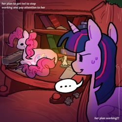 Size: 1080x1080 | Tagged: safe, artist:koidial, character:pinkie pie, character:twilight sparkle, character:twilight sparkle (alicorn), species:alicorn, species:earth pony, species:pony, ship:twinkie, g4, ..., arrow, behaving like a cat, book, candle, duo, duo female, feather, female, golden oaks library, horn, lesbian, lying down, mare, paper, ponyloaf, prone, quill, shipping, sweat, text