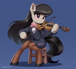 Size: 2032x1842 | Tagged: safe, artist:vinilyart, character:octavia melody, species:earth pony, species:pony, g4, blue background, bow, bow tie, clothing, cute, ear piercing, earring, female, hoof hold, hoof shoes, jacket, jewelry, mare, musical instrument, pearl earrings, piercing, playing instrument, semi-anthro, shoes, simple background, sitting, skirt, skirt suit, solo, stool, tavibetes, tights, violin