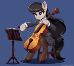 Size: 2172x1938 | Tagged: safe, artist:vinilyart, character:octavia melody, species:earth pony, species:pony, g4, blue background, bow, bow tie, cello, clothing, cute, ear piercing, earring, eyebrows, eyebrows visible through hair, eyelashes, female, frown, hoof hold, hoof shoes, jacket, jewelry, mare, music stand, musical instrument, pearl earrings, piercing, playing instrument, pleated skirt, semi-anthro, shirt, shoes, simple background, skirt, solo, tail, tavibetes, tights