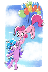 Size: 1506x2268 | Tagged: safe, artist:notfocks, character:izzy moonbow, character:pinkie pie, species:earth pony, species:pony, species:unicorn, g4, g5, balloon, cloud, cute, diapinkes, eye clipping through hair, female, floating, flying, gradient hair, holding hooves, izzy and her heroine, izzybetes, mare, multicolored hair, open mouth, open smile, outside, sky, smiling, then watch her balloons lift her up to the sky