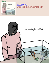Size: 2448x3116 | Tagged: safe, artist:wren, oc, oc:anon, oc:legmare, angry, aquarium, ask, castle, cross-popping veins, drinking straw, duo, emanata, flippers (gear), glare, imageboard, plants, sand, shrimp, shrimple as, simple background, snorkel, snorkeling, table, vein, white background