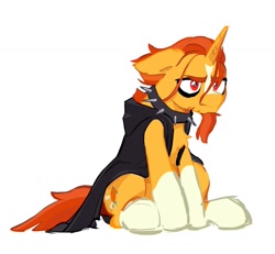 Size: 1329x1229 | Tagged: safe, artist:atti_qu, character:sunburst, species:pony, species:unicorn, g4, alternate hairstyle, angry, choker, cloak, clothing, coat markings, colored eyebrows, cute, emo, eyebrows, eyeliner, floppy ears, grumpy, jewelry, madorable, makeup, necklace, simple background, sitting, socks (coat marking), solo, spiked choker, sunbetes, sunburst is not amused, unamused, white background