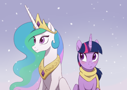 Size: 800x565 | Tagged: safe, artist:akeahi, part of a set, character:princess celestia, character:twilight sparkle, character:twilight sparkle (alicorn), species:alicorn, species:pony, ship:twilestia, g4, blushing, closed mouth, clothing, crown, duo, duo female, eyebrows, female, front view, full face view, horn, jewelry, lesbian, long horn, looking at someone, looking sideways, mare, necklace, outdoors, peytral, regalia, scarf, shipping, sitting, smiling, snow, snowfall, sparkles, sparkly mane, three quarter view