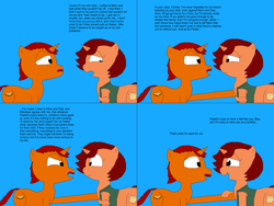 Size: 8004x6003 | Tagged: safe, artist:blazewing, oc, oc only, oc:biscotti, oc:tough cookie, species:pony, species:unicorn, newbie artist training grounds, 4 panel comic, atg 2024, blue background, brother and sister, chubby, clothing, comic, facial hair, female, frown, hoof on shoulder, horn, laughing, male, mare, moustache, siblings, simple background, smiling, stallion, text, vest