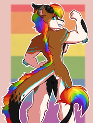 Size: 2227x2953 | Tagged: safe, artist:witchtaunter, species:anthro, species:dragon, species:pony, g4, commission, ear piercing, earring, flexing, horns, jewelry, leg fluff, male, piercing, pride, profile, rainbow, rear view, solo