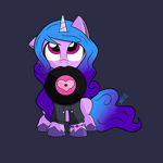 Size: 600x600 | Tagged: safe, artist:25uart, artist:25ultragamer, artist:dbanchsfalcon, character:izzy moonbow, species:pony, species:unicorn, g5, blue background, bracelet, clothing, colored hooves, cute, dark blue background, female, gradient hair, holding, hooves, horn, izzybetes, jewelry, looking up, mare, mouth hold, multicolored hair, one ear down, record, redbubble, signature, simple background, sitting, solo, unshorn fetlocks