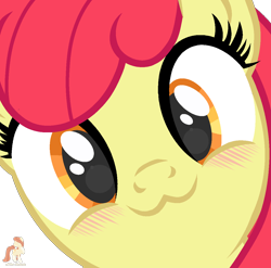 Size: 1200x1184 | Tagged: safe, artist:r4hucksake, base used, character:apple bloom, species:earth pony, species:pony, g4, :3, adorabloom, apple family member, blushing, cute, female, filly, foal, looking at you, meme, portrait, simple background, smiling, smiling at you, solo, transparent background, young