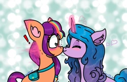 Size: 1193x767 | Tagged: safe, artist:funnyk16, character:izzy moonbow, character:sunny starscout, species:earth pony, species:pony, species:unicorn, ship:starbow, g5, abstract background, blue coat, blushing, cute, duo, duo female, ear fluff, eyes closed, female, glowing, glowing horn, gradient hair, heart, horn, izzybetes, kiss on the lips, kissing, lesbian, looking at someone, magic, mane stripe sunny, mare, multicolored hair, orange coat, profile, shipping, signature, sunny's bag, sunnybetes