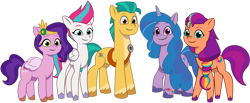 Size: 1024x420 | Tagged: safe, artist:emeraldblast63, character:hitch trailblazer, character:izzy moonbow, character:pipp petals, character:sunny starscout, character:zipp storm, species:earth pony, species:pegasus, species:pony, species:unicorn, g5, my little pony: tell your tale, adorapipp, adorazipp, bracelet, circlet, coat markings, colored eyebrows, colored hooves, colored wings, concave belly, cute, digital art, eyebrows, female, folded wings, full body, gradient hair, group, happy, hitchbetes, hooves, izzybetes, jewelry, long legs, looking at you, male, mane five, mane stripe sunny, mare, multicolored hair, multicolored wings, original art, pipp wings, simple background, size difference, slender, smiling, socks (coat marking), stallion, standing, sunny's buttons, sunnybetes, tail, thin, three quarter view, transparent background, unshorn fetlocks, vector, wings