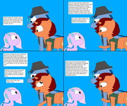 Size: 3996x3348 | Tagged: safe, artist:blazewing, oc, oc only, oc:pastel macaroon, oc:syntax, oc:tough cookie, species:pony, newbie artist training grounds, 4 panel comic, atg 2025, aunt and niece, blue background, chubby, clothing, comic, fedora, female, filly, foal, frown, glasses, hat, jacket, male, mare, raised hoof, simple background, smiling, stallion, text box, vest, young