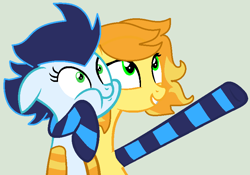 Size: 823x575 | Tagged: safe, artist:jadeharmony, artist:skele-sans, base used, character:braeburn, character:soarin', species:earth pony, species:pegasus, species:pony, ship:baileyglide, ship:soarburn, g4, alternate hairstyle, apple family member, bailey sweet, clothing, duo, female, glide, gray background, grin, hug, lesbian, mare, raised hoof, rule 63, shipping, simple background, smiling, socks, striped socks