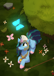 Size: 3307x4677 | Tagged: safe, artist:monycaalot, character:misty brightdawn, species:pony, species:unicorn, art pack:tasteful armoury, g5, my little pony: make your mark, my little pony: tell your tale, armor, butterfly, coat markings, colored hooves, cute, eye clipping through hair, fake cutie mark, female, flower, helmet, hooves, horn, jewelry, leaf, looking up, lying down, mare, mistybetes, necklace, noise, pendant, prone, socks (coat marking), spear, tree, weapon