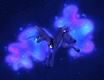 Size: 2399x1834 | Tagged: safe, artist:luvyayt, character:princess luna, species:alicorn, species:pony, g4, clothing, ethereal mane, female, glowing mane, hoof shoes, jewelry, mare, necklace, peytral, shoes, solo, starry backdrop, starry background, stars
